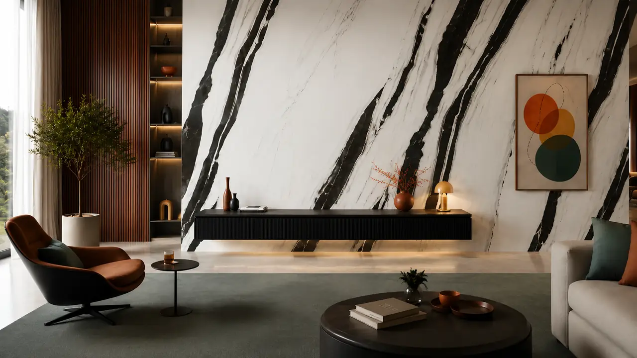 Infinity marble-look slab wall in a modern living room