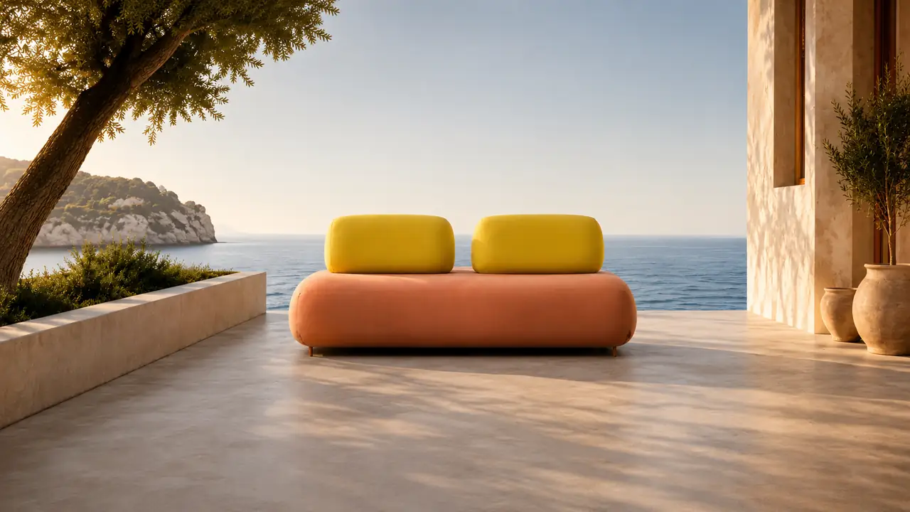 Pedrali outdoor lounge sofa with yellow cushions on a sunlit seaside terrace