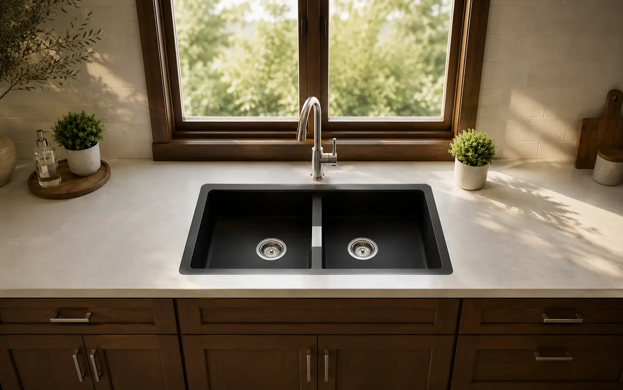 Schock black double kitchen sink below a wooden window