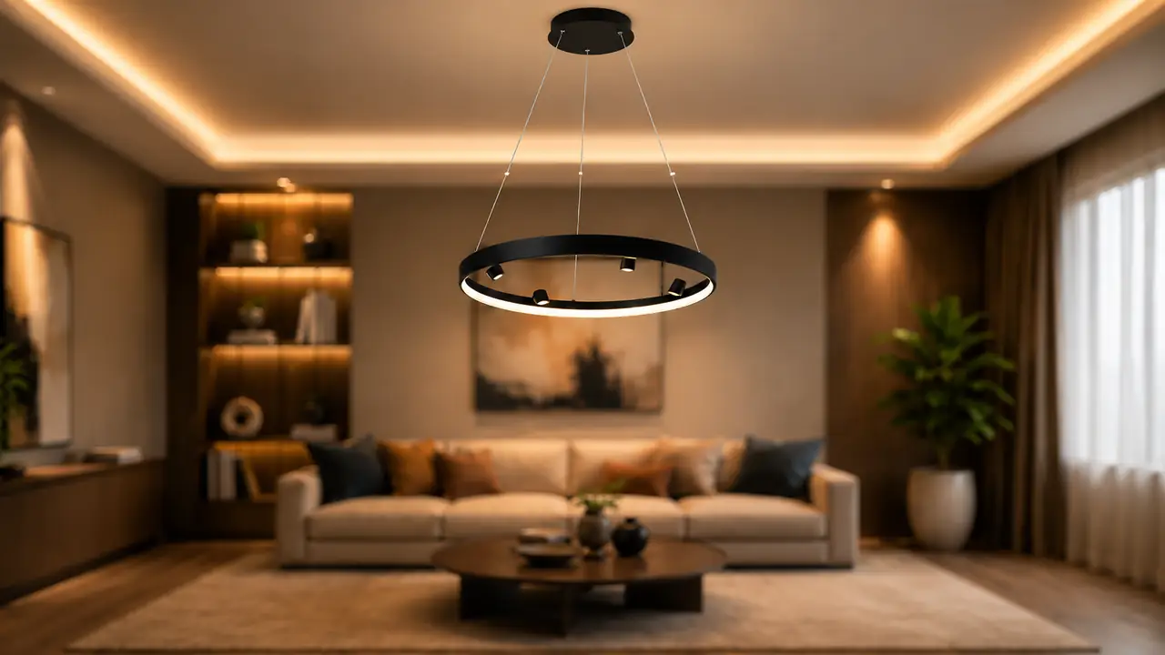 Viokef ring pendant lighting in a warm modern living room
